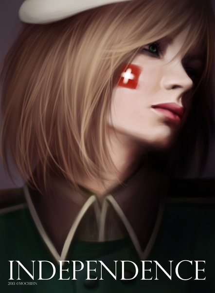 Anime picture 2214x3000 with axis powers hetalia studio deen switzerland (hetalia) mochifin single tall image highres short hair blonde hair green eyes lips realistic inscription close-up face face paint flag print girl beret flag