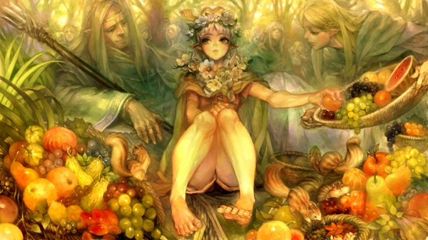 Anime picture 2560x1440 with dragon's crown vanillaware long hair highres short hair blonde hair wide image sitting multiple girls yellow eyes looking away hair flower no shoes elf girl boy hair ornament flower (flowers) 2 girls plant (plants)