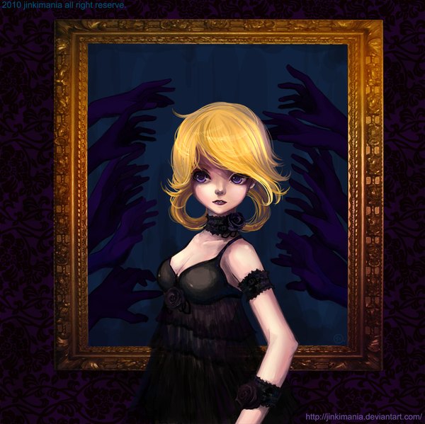 Anime picture 1204x1202 with original jinkimania (artist) single blonde hair purple eyes bare shoulders lips girl dress rose (roses) hands picture frame