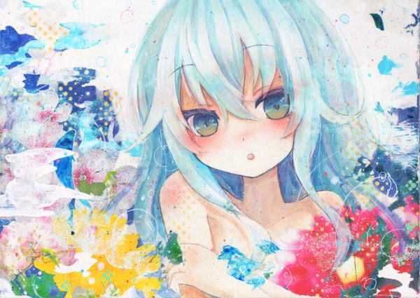 Anime picture 1241x880 with original nanashina (artist) single long hair looking at viewer blush open mouth blue eyes bare shoulders blue hair girl flower (flowers)