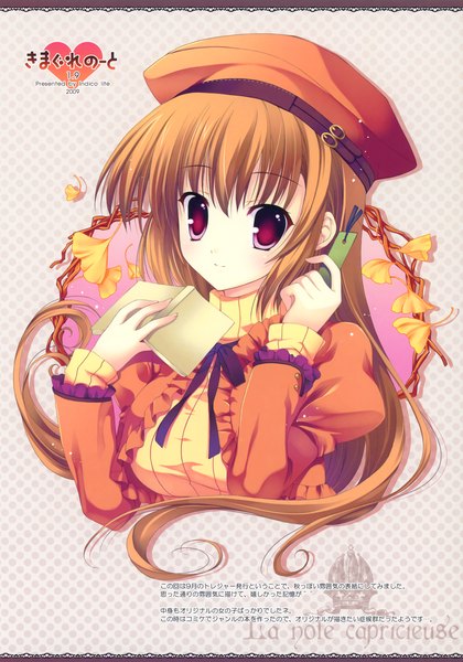 Anime picture 2486x3547 with mitha single long hair tall image looking at viewer highres red eyes brown hair upper body girl leaf (leaves) beret