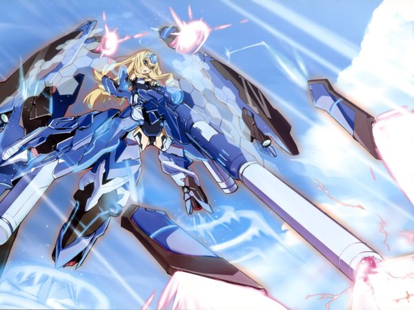 Anime picture 2560x1920 with infinite stratos 8bit cecilia orcott single long hair highres open mouth blue eyes blonde hair flying shot girl weapon mecha