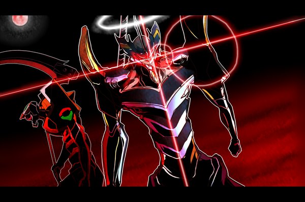 Anime picture 1500x995 with neon genesis evangelion rebuild of evangelion evangelion: 2.0 you can (not) advance evangelion: 3.0 you can (not) redo end of evangelion gainax eva 00 mark. 06 (evangelion) lens flare red moon giant weapon armor moon halo full moon huge weapon spear scythe robot