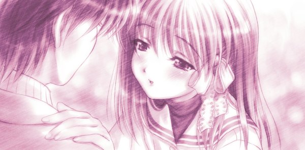 Anime picture 2453x1213 with clannad key (studio) fujibayashi kyou okazaki tomoya goto p long hair blush highres wide image monochrome girl boy uniform ribbon (ribbons) school uniform