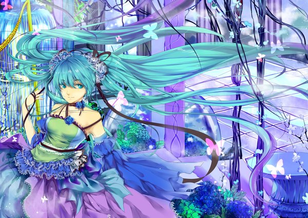 Anime picture 2016x1425 with vocaloid hatsune miku hongmao single highres twintails very long hair aqua eyes aqua hair girl dress flower (flowers) ribbon (ribbons) hair ribbon detached sleeves insect butterfly