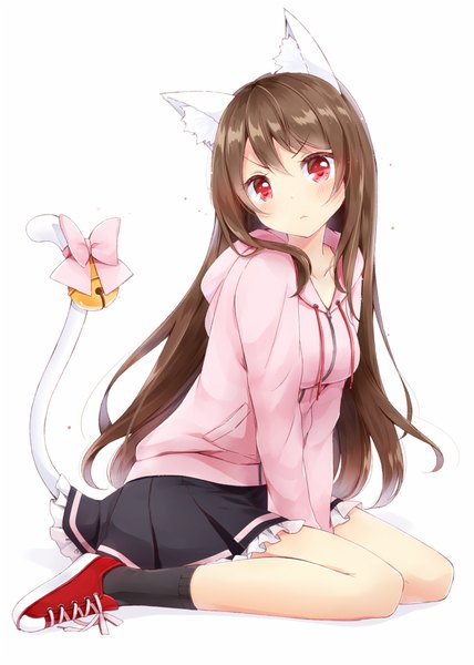 Anime picture 714x1000 with original hazuki natsu single long hair tall image looking at viewer blush fringe simple background hair between eyes red eyes brown hair white background sitting animal ears full body tail head tilt animal tail cat ears