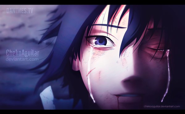 Anime picture 3180x1961 with naruto studio pierrot naruto (series) uchiha sasuke chekoaguilar single highres short hair black hair smile wide image purple eyes sky cloud (clouds) one eye closed wink tears coloring close-up face