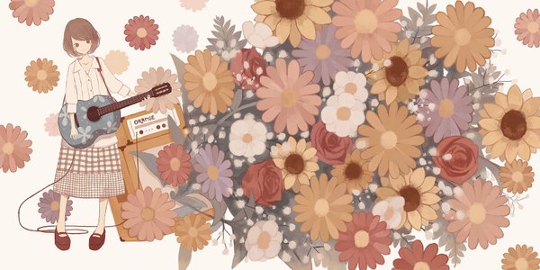 Anime picture 1600x800 with original maumau single blush short hair brown hair wide image standing holding brown eyes light smile girl skirt flower (flowers) shoes musical instrument wire (wires) guitar amplifier guitar amplifier