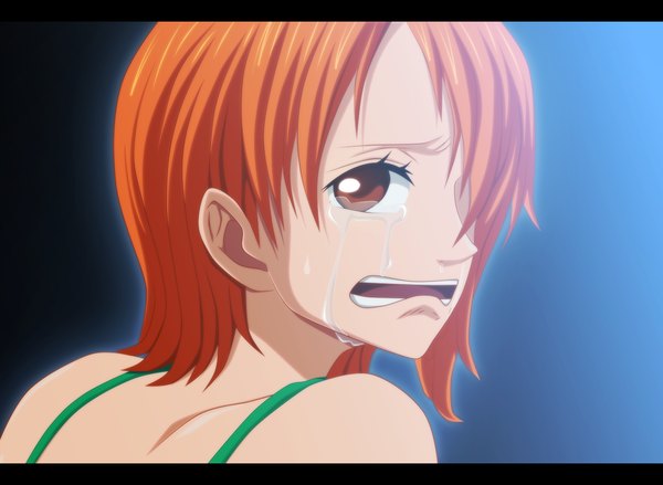 Anime picture 1350x988 with one piece toei animation nami (one piece) jbeenz single fringe short hair open mouth simple background brown eyes looking back hair over one eye orange hair tears coloring letterboxed close-up blue background crying girl