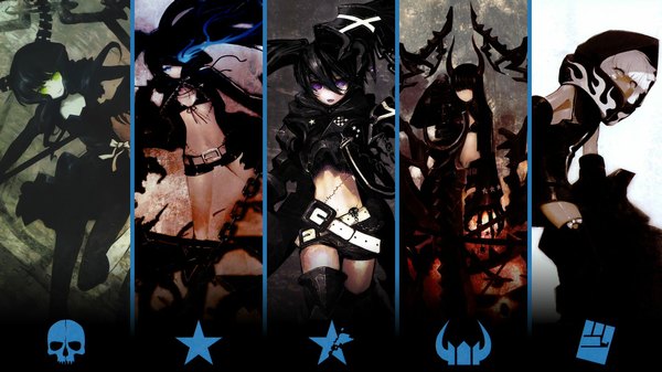 Anime picture 1920x1080 with black rock shooter black rock shooter (character) dead master strength (black rock shooter) black gold saw insane black rock shooter kiwamu long hair looking at viewer highres black hair wide image purple eyes twintails multiple girls holding white hair horn (horns) from below midriff
