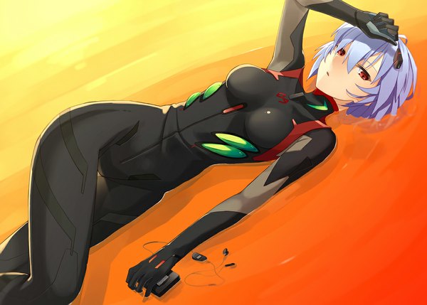 Anime picture 1000x715 with neon genesis evangelion rebuild of evangelion gainax ayanami rei prime single looking at viewer fringe short hair open mouth red eyes blue hair purple hair lying multicolored hair shadow hand on head girl bodysuit pilot suit