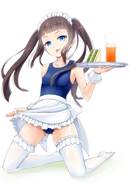 Anime picture 1000x1414 with hazuki natsu single long hair tall image looking at viewer blue eyes light erotic black hair white background twintails maid :p girl thighhighs swimsuit white thighhighs food frills headdress tongue