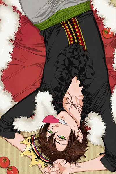Anime picture 749x1123 with axis powers hetalia studio deen spain (hetalia) umashima single tall image looking at viewer short hair smile brown hair holding green eyes lying traditional clothes fur trim mouth hold turning head arms behind head upside down boy