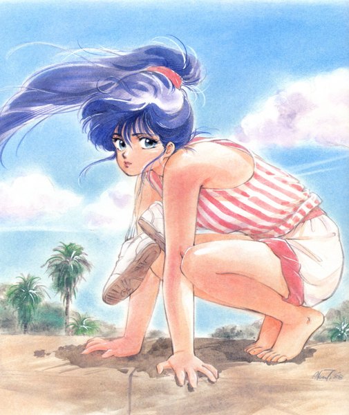 Anime picture 1834x2177 with kimagure orange road ayukawa madoka takada akemi long hair tall image highres blue eyes signed blue hair sky ponytail barefoot wind shadow beach squat striped shoes removed oldschool 80s