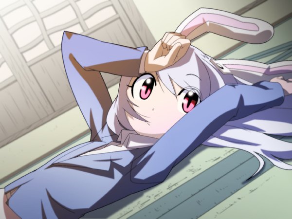 Anime picture 1089x817 with touhou reisen udongein inaba shokkin single animal ears lying pink eyes from behind bunny ears bunny girl girl blazer