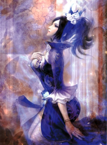 Anime picture 2456x3337 with shin sangoku musou zhen ji single long hair tall image highres breasts black hair large breasts ponytail profile hair flower black eyes mole mole under eye looking up girl thighhighs dress gloves