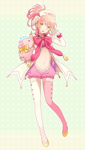 Anime picture 800x1400 with original chimachi single long hair tall image looking at viewer fringe open mouth holding yellow eyes pink hair nail polish hair flower fingernails zettai ryouiki happy polka dot different thighhighs girl thighhighs