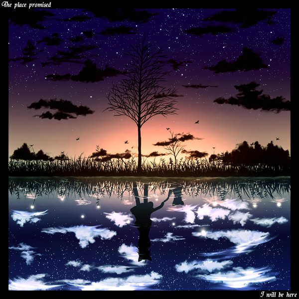 Anime picture 1060x1060 with original chokoaniki sky cloud (clouds) holding hands evening reflection sunset landscape silhouette bare tree nature girl plant (plants) animal tree (trees) bird (birds) cat