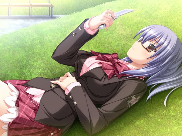 Anime picture 1024x768 with mirai nostalgia purple software kudou hinano koku short hair red eyes blue hair game cg girl glasses serafuku