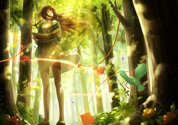 Anime picture 2000x1412 with original p.rupon single long hair highres brown hair holding green eyes looking away from below nature girl dress flower (flowers) ribbon (ribbons) plant (plants) animal tree (trees) white dress bird (birds)