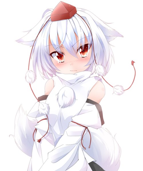 Anime picture 2500x3000 with touhou inubashiri momiji hiro (pqtks113) single tall image blush highres short hair simple background red eyes white background animal ears white hair tail animal tail tears wolf ears wolf tail wolf girl girl