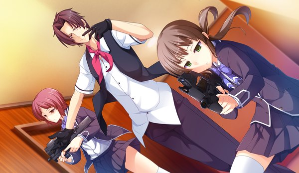 Anime picture 2660x1540 with sinclient reesaa long hair highres short hair black hair red eyes wide image multiple girls green eyes game cg red hair girl thighhighs boy gloves uniform weapon 2 girls school uniform