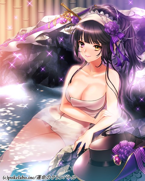 Anime picture 801x1000 with tagme (copyright) fuji minako single long hair tall image blush breasts light erotic black hair light smile heterochromia steam naked towel girl hair ornament weapon hat sword hairband towel