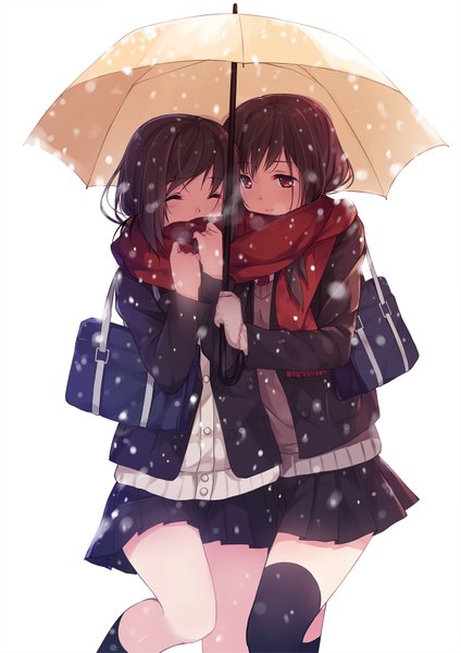 Anime picture 1200x1697 with original caidychen long hair tall image fringe simple background red eyes brown hair white background multiple girls holding brown eyes eyes closed legs snowing exhalation revision shared scarf shared umbrella girl