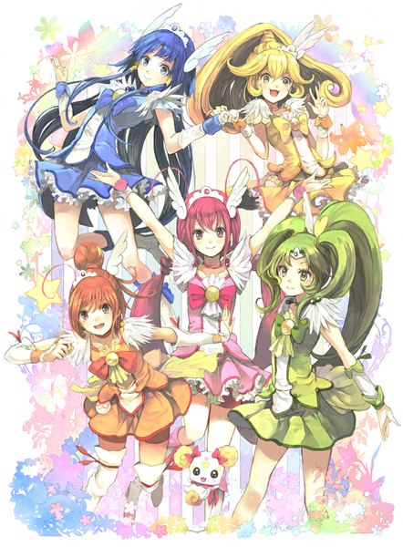 Anime picture 738x1000 with precure smile precure! toei animation aoki reika kise yayoi midorikawa nao hoshizora miyuki hino akane (smile precure!) cure beauty cure peace cure happy cure march cure sunny candy (smile precure!) toromi chuka long hair tall image looking at viewer blush open mouth