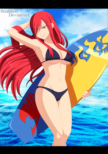 Anime picture 1280x1829 with fairy tail erza scarlet xsnowcoolx single long hair tall image fringe light erotic smile yellow eyes sky cloud (clouds) red hair hair over one eye armpit (armpits) coloring adjusting hair surfing girl navel