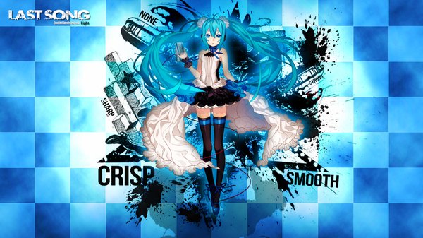 Anime picture 1920x1080 with 7th dragon 2020 vocaloid hatsune miku aeroblade7 single long hair highres blue eyes wide image twintails blue hair inscription :o girl thighhighs dress ribbon (ribbons) black thighhighs wrist cuffs scrunchie