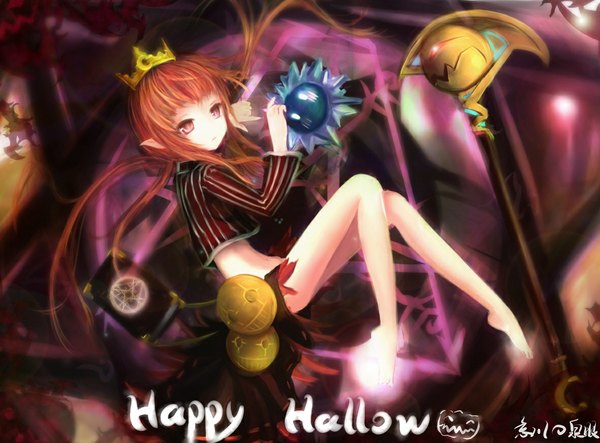 Anime picture 1181x873 with dungeon and fighter wangchuan de quanyan single long hair pink eyes barefoot pointy ears orange hair bare legs legs halloween happy halloween girl skirt book (books) staff crown