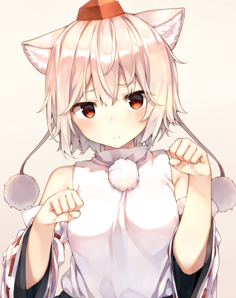 Anime picture 730x922 with touhou inubashiri momiji shnva single tall image looking at viewer blush fringe short hair simple background hair between eyes red eyes animal ears upper body white hair wide sleeves wolf ears shiny paw pose girl