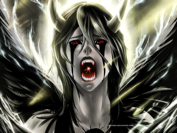 Anime picture 6000x4500 with bleach studio pierrot ulquiorra schiffer highres short hair open mouth black hair red eyes absurdres horn (horns) inscription teeth fang (fangs) lightning espada boy wings