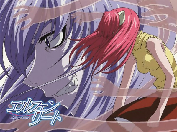 Anime picture 1024x768 with elfen lied arms corporation lucy long hair blue eyes pink hair pointy ears zoom layer crazy smile girl dress skirt vest hands