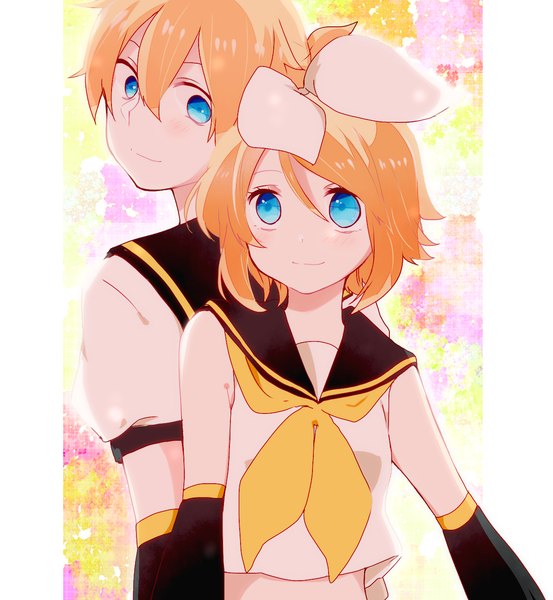 Anime picture 1200x1300 with vocaloid kagamine rin kagamine len monaco0704 tall image blush fringe short hair blue eyes blonde hair smile hair between eyes looking away looking back twins back to back brother and sister girl boy bow