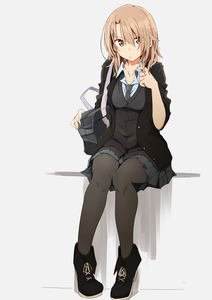 Anime picture 2149x3035 with original kazenoko single long hair tall image looking at viewer fringe highres breasts simple background hair between eyes brown hair sitting holding brown eyes full body bent knee (knees) pleated skirt hair over one eye open collar