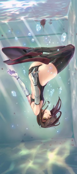 Anime picture 1191x2662 with kantai collection taihou armored aircraft carrier satou daiji single tall image looking at viewer fringe short hair light erotic brown hair yellow eyes underwater girl thighhighs gloves swimsuit elbow gloves headdress bubble (bubbles)