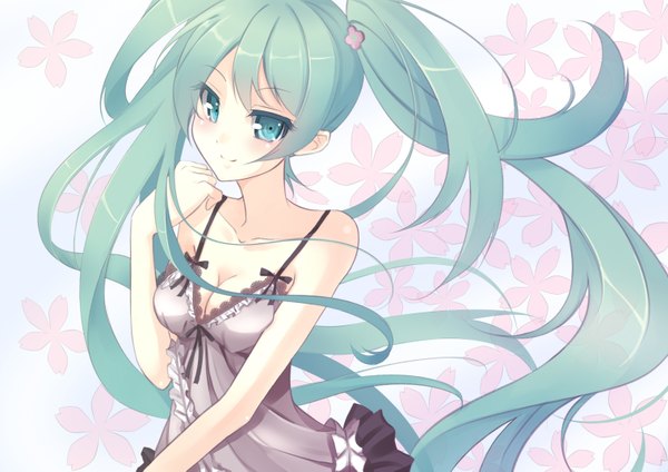 Anime picture 3035x2149 with vocaloid hatsune miku kisaichi jin long hair highres blue eyes simple background smile white background twintails bare shoulders cleavage aqua hair girl dress flower (flowers) flush