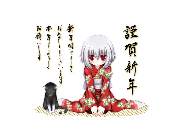Anime picture 1024x768 with tagme (copyright) tagme (artist) single looking at viewer blush fringe short hair hair between eyes red eyes white background sitting silver hair full body long sleeves traditional clothes japanese clothes wide sleeves embarrassed seiza girl