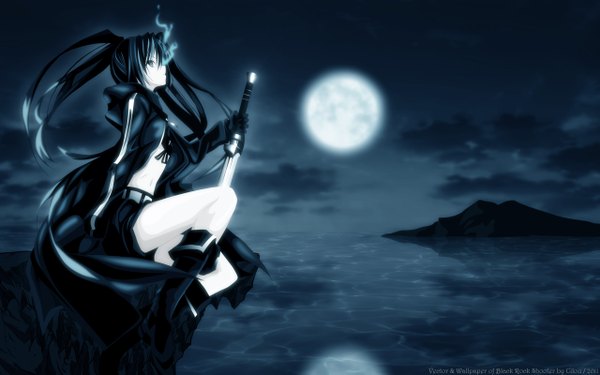 Anime picture 2560x1600 with black rock shooter black rock shooter (character) long hair highres blue eyes black hair wide image twintails glowing scar glowing eye (eyes) girl gloves weapon sword shorts katana moon bikini top