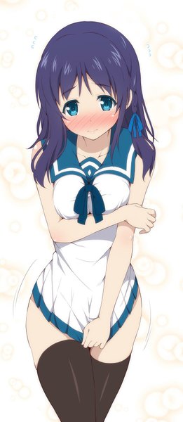 Anime picture 783x1800 with nagi no asukara p.a. works hiradaira chisaki nectar (fujiya) single long hair tall image looking at viewer blush blue eyes light erotic white background blue hair girl thighhighs uniform black thighhighs school uniform