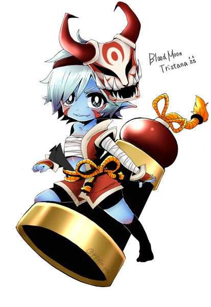 Anime picture 800x1160 with league of legends tristana (league of legends) otani (artist) single tall image looking at viewer short hair green eyes silver hair full body pointy ears transparent background mask on head blue skin girl weapon socks gun black socks mask