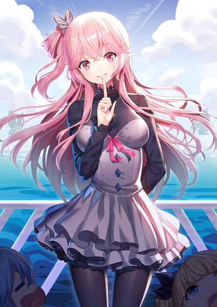 Anime picture 847x1200 with original emily stock ririko (zhuoyandesailaer) long hair tall image looking at viewer blush fringe breasts open mouth blue eyes blonde hair smile hair between eyes red eyes standing multiple girls pink hair sky cloud (clouds)