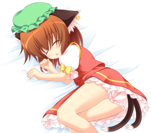 Anime picture 1500x1319 with touhou chen pila-pela single blush short hair brown hair animal ears eyes closed cat ears cat girl cat tail loli sleeping multiple tails girl child (children)