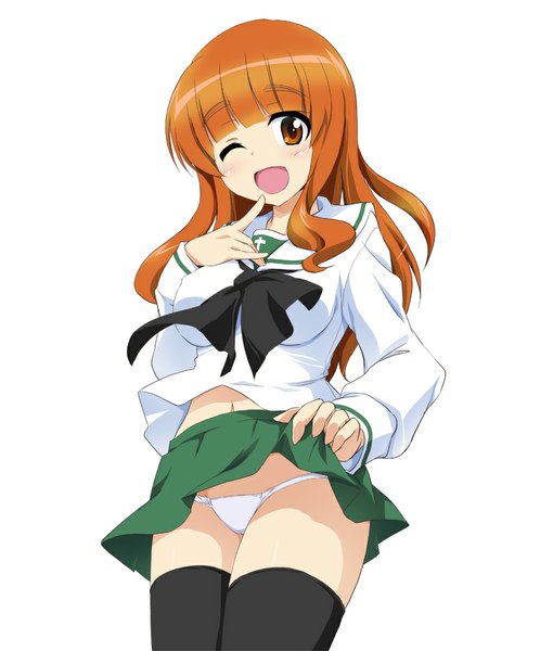 Anime picture 850x1000 with girls und panzer takebe saori ouhashi single long hair tall image blush open mouth light erotic one eye closed wink orange hair orange eyes skirt lift girl thighhighs underwear panties black thighhighs