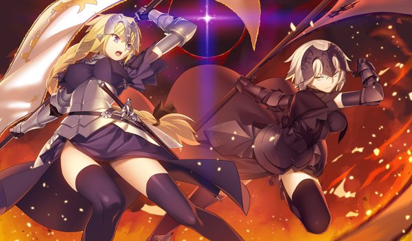 Anime picture 1400x820 with fate (series) fate/apocrypha jeanne d'arc (fate) (all) jeanne d'arc (fate) yangsion long hair short hair blue eyes light erotic blonde hair wide image multiple girls yellow eyes braid (braids) girl thighhighs hair ornament weapon black thighhighs 2 girls