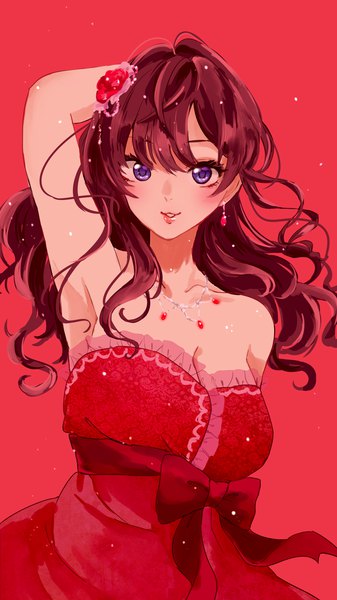 Anime picture 2160x3840 with idolmaster idolmaster cinderella girls ichinose shiki kukiwakame single long hair tall image looking at viewer highres simple background smile brown hair purple eyes bare shoulders upper body parted lips hair flower armpit (armpits) wavy hair arm behind head