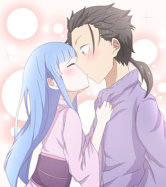 Anime picture 1600x1800 with re:zero kara hajimeru isekai seikatsu white fox rem (re:zero) natsuki subaru kawakun long hair tall image blush black hair standing payot blue hair eyes closed traditional clothes japanese clothes profile black eyes embarrassed couple pink background