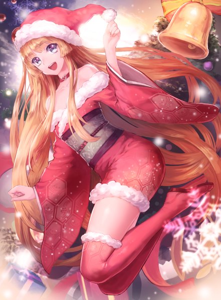 Anime picture 2837x3854 with original meto31 single long hair tall image highres open mouth blue eyes blonde hair traditional clothes japanese clothes fur trim snowing christmas winter merry christmas girl thighhighs hat kimono